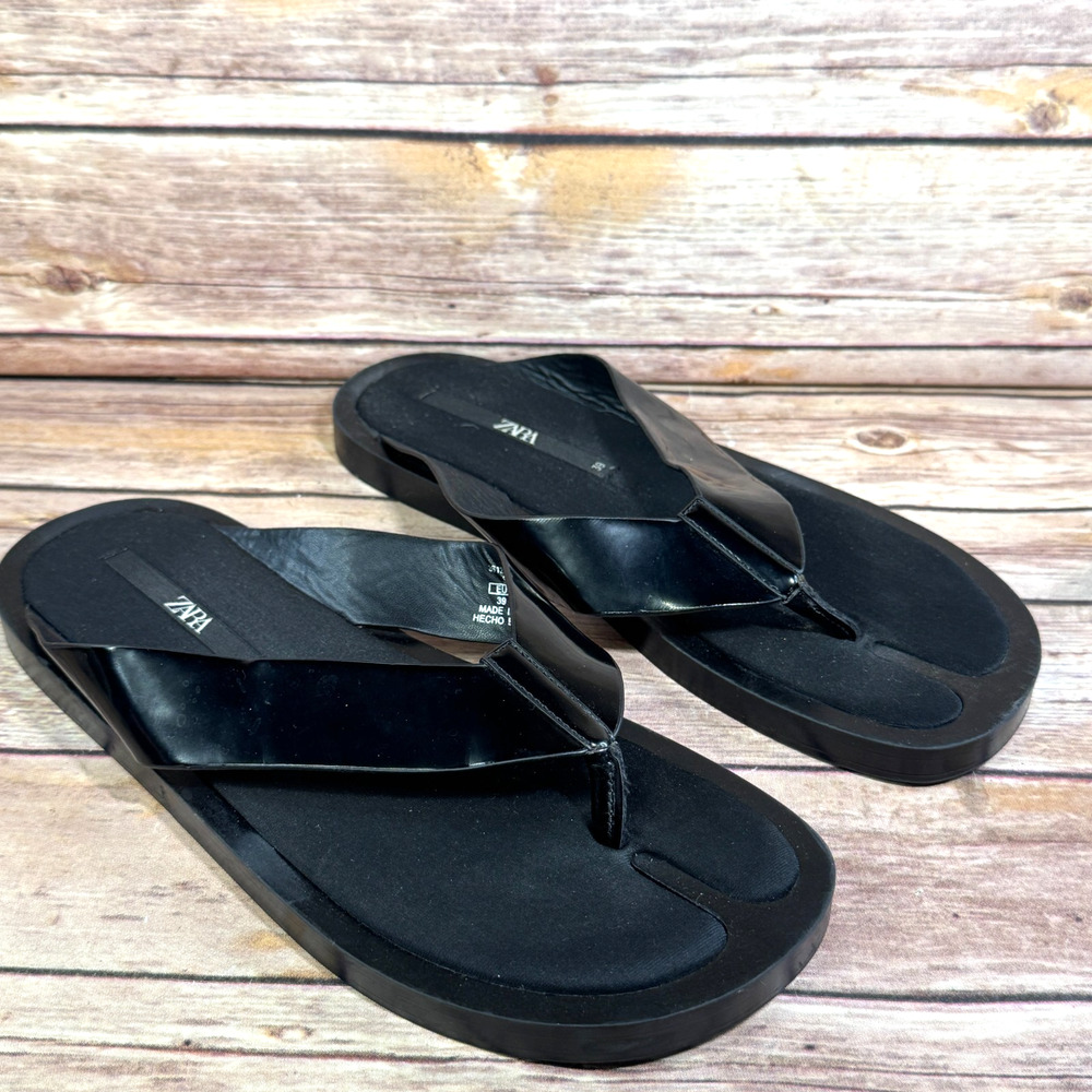 Zara Womens Black Minimalist Satin Insole Slip On Thong Slides Sandals 39/8.5